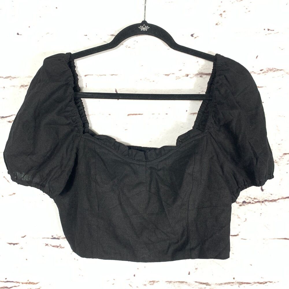 House of Harlow 1960 Black Linen Blend Puff Sleeve Crop Top Size 8 Square Neck